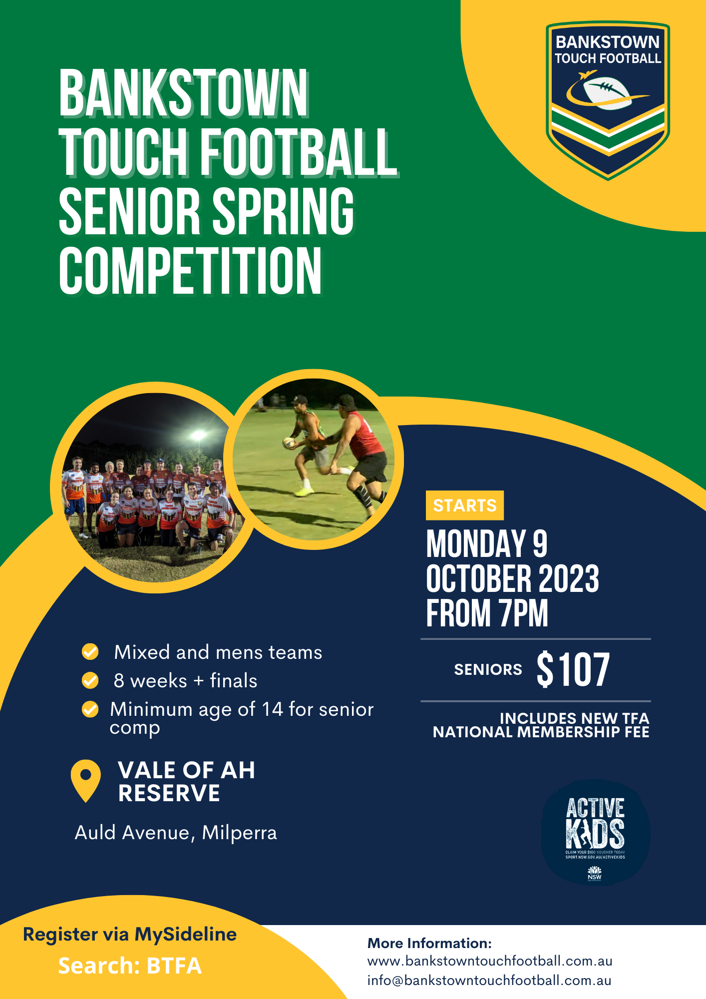 Spring competition flyer with price, dates and images of people playing touch football